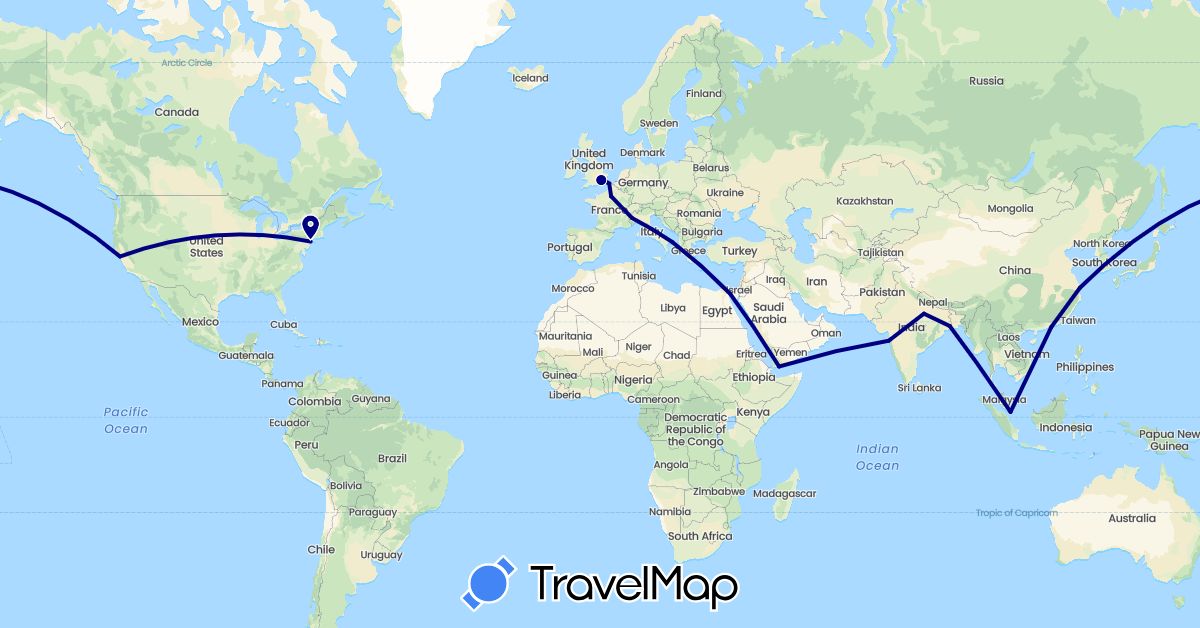 TravelMap itinerary: driving in China, Egypt, France, United Kingdom, India, Italy, Singapore, United States, Yemen (Africa, Asia, Europe, North America)